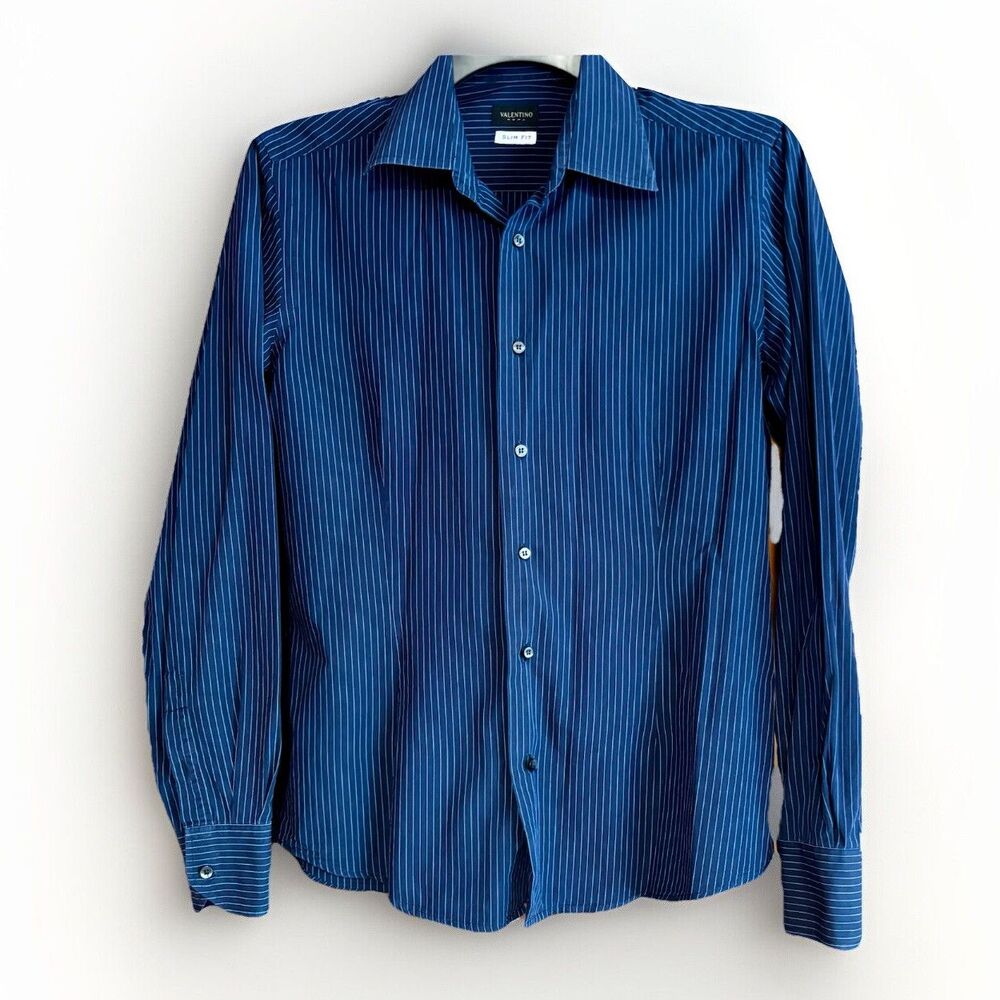 Valentino Roma Slim Fit Blue Pinstripe Cotton Shirt Men's Size 15 1/4- 40
